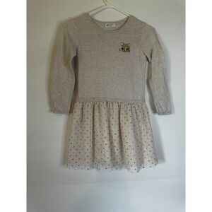 H&M Girls Beige Sweater Dress 6-7Y Sequin Cat Knit Top Tulle Skirt